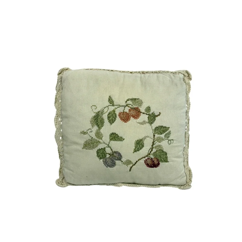 Vintage Cross Stitch Fruit Wreath Throw Pillow Lace Trim Cottagecore Cream 16x16